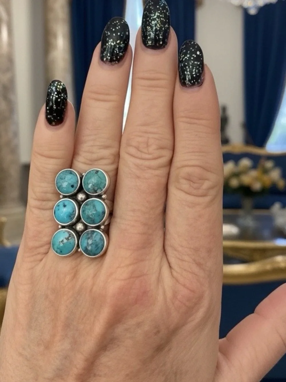 Blue moon Turquoise Stone Cluster Ring‎ - sterling silver setting Women’s Ring